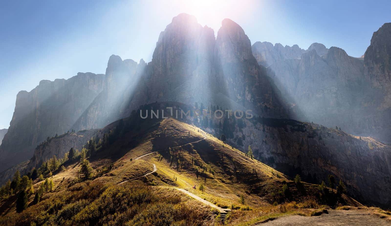 Sunrays from behind at gardena pass, dolomites.Italy, Europe