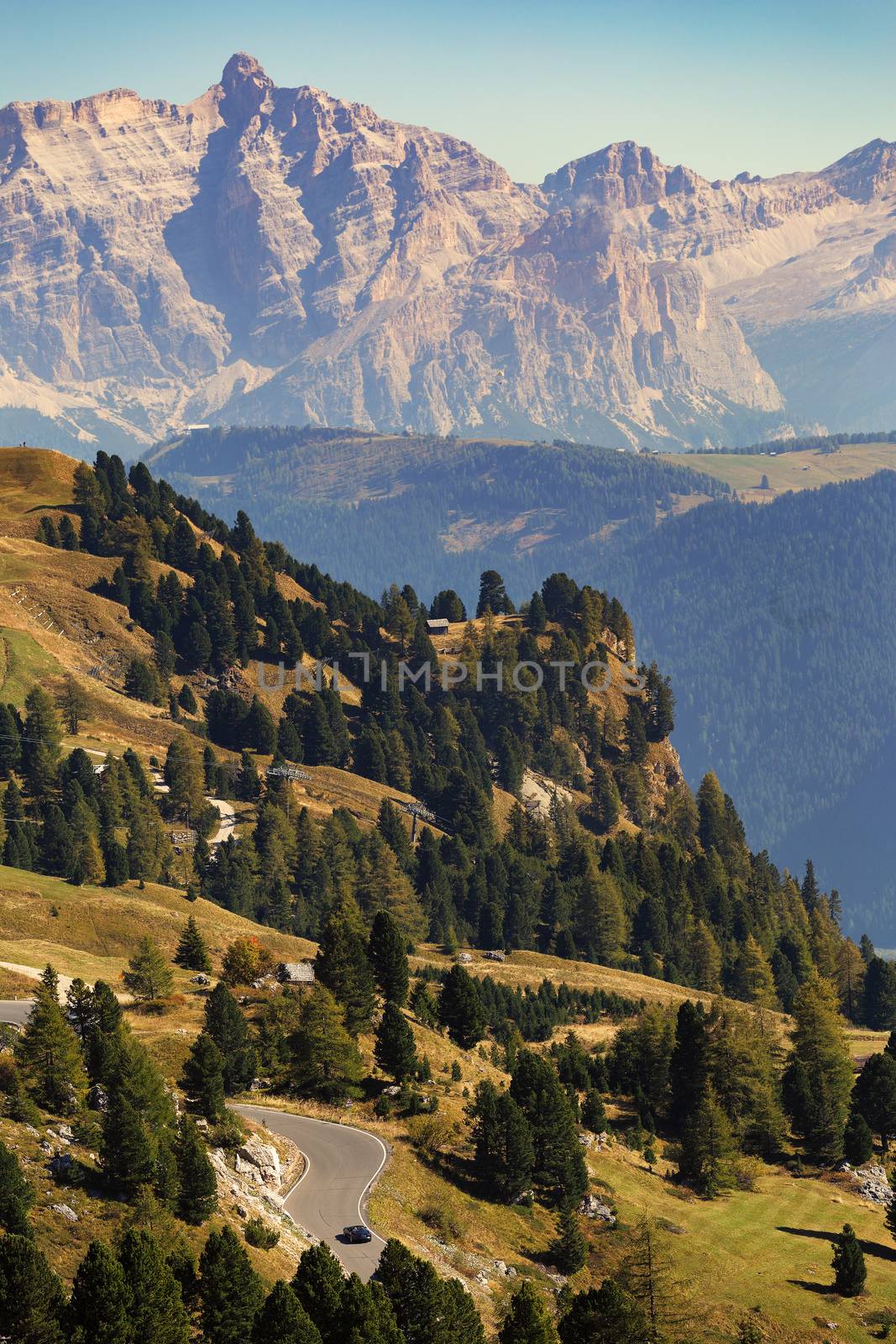 Morning panorama of Gardena mountain pass or Passo Gardena. Look by necro79