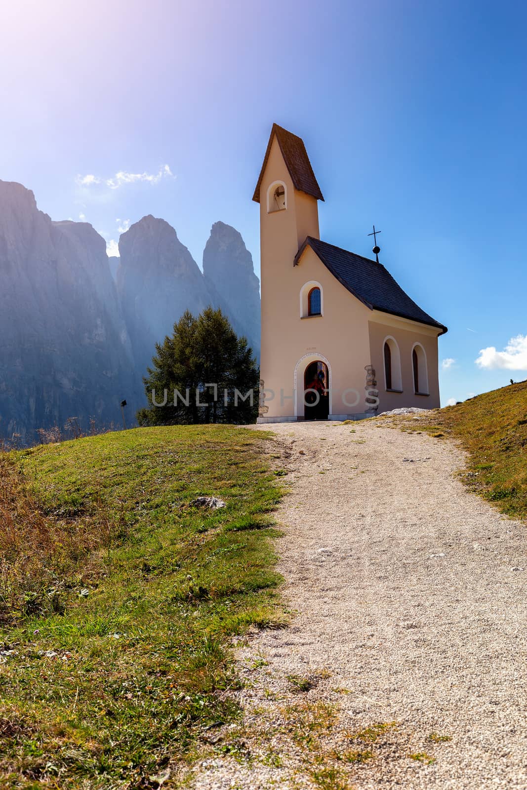 Chapel with mountain view in the background, Passo Gardena, Dolo by necro79