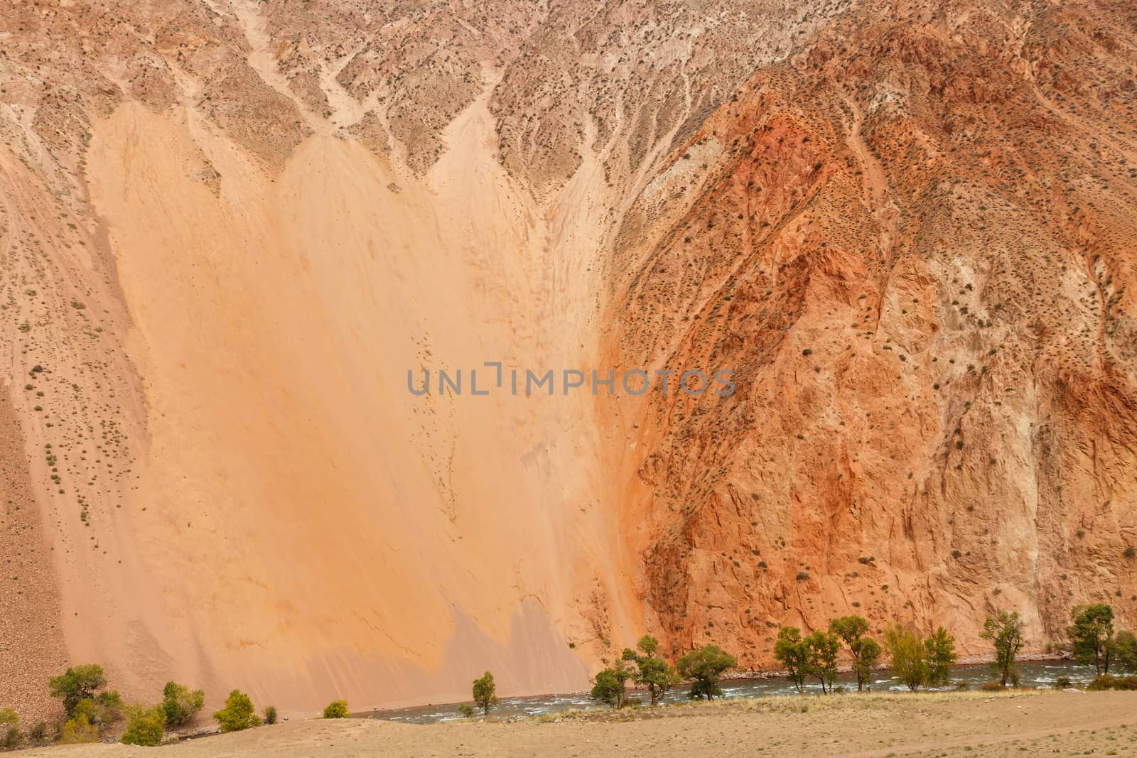 Kokemeren river. The steep bank of a mountain river. Hillside erosion.