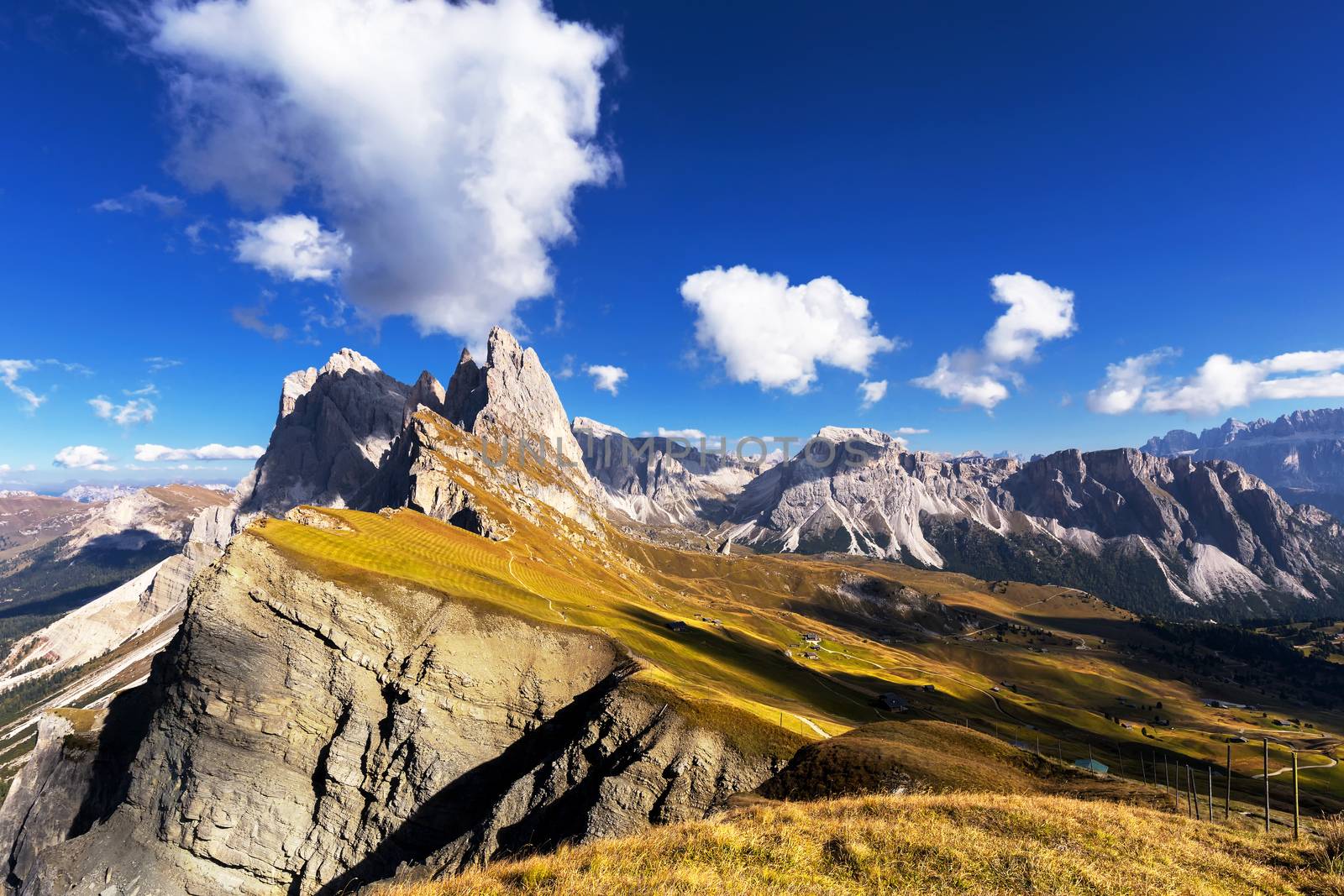 Autumn in the Alps. The Dolomites Mountain Range. View on Seceda. Natural Park Puez-Odle. Italy. Europe