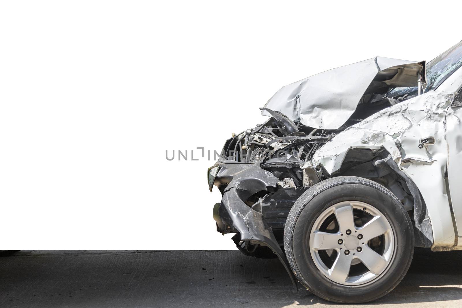 Front of car damaged and broken by accident on road. Isolate on white background. Save with cliping path.