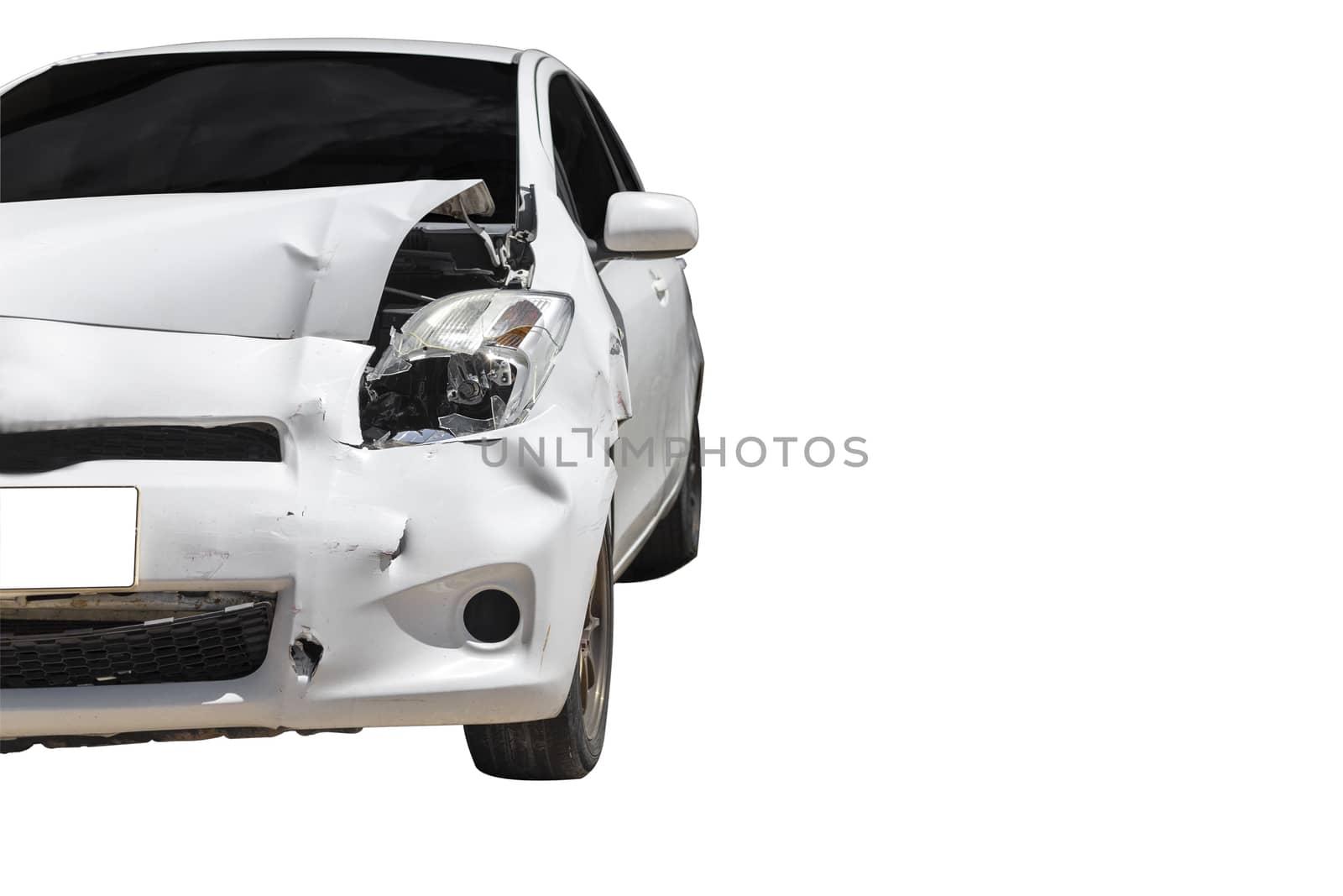 Front of white color car big damaged and broken by accident. Isolate on white background.