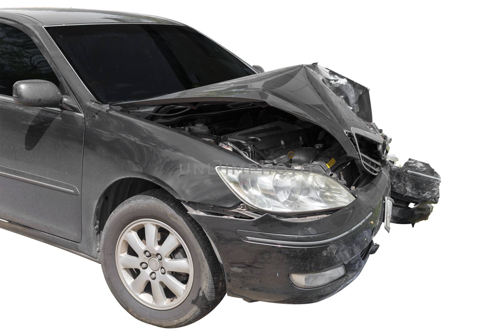 Front of black color car damaged and broken by accident isolate on white background. Save with cliping path.