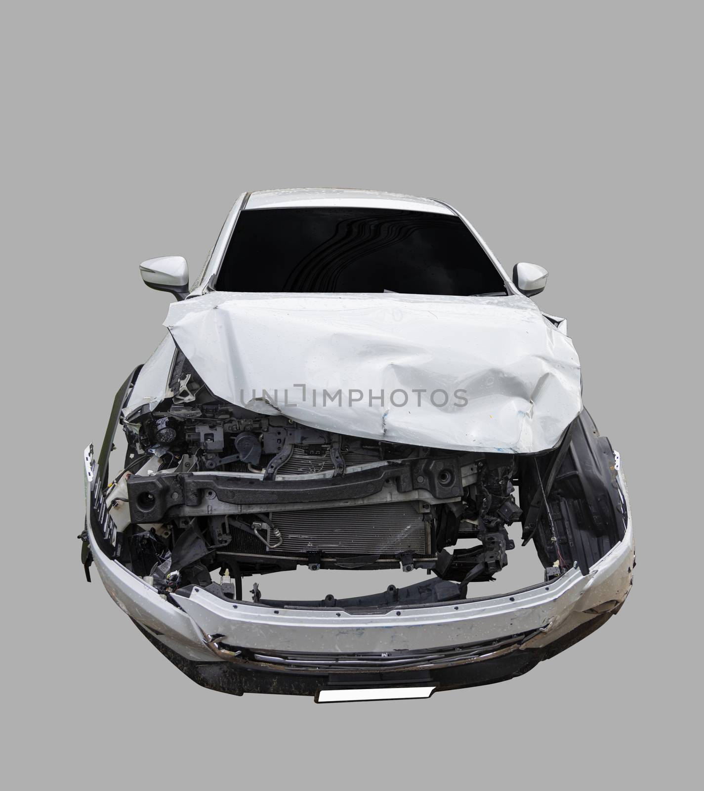 Front of gray color car damaged and broken by accident . Isolate on white background. Save with cliping path
