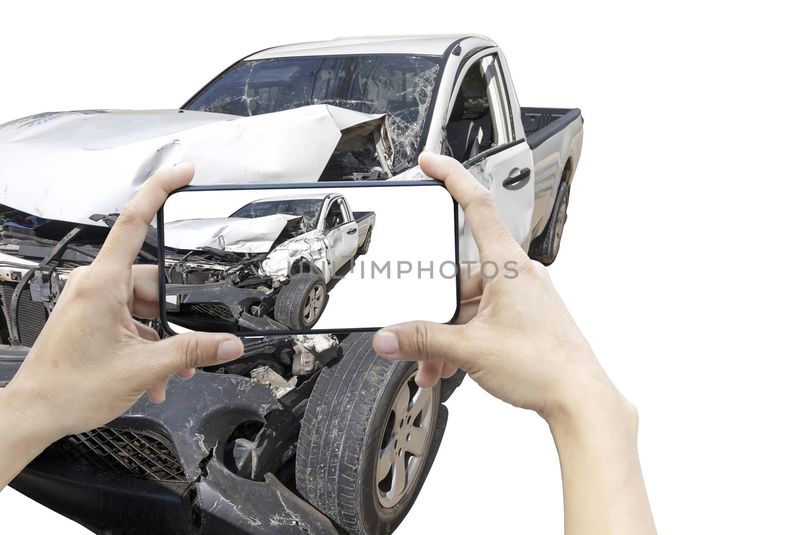 2 hand of woman hold smartphone for take photo of front white color car accident. Save with cliping path