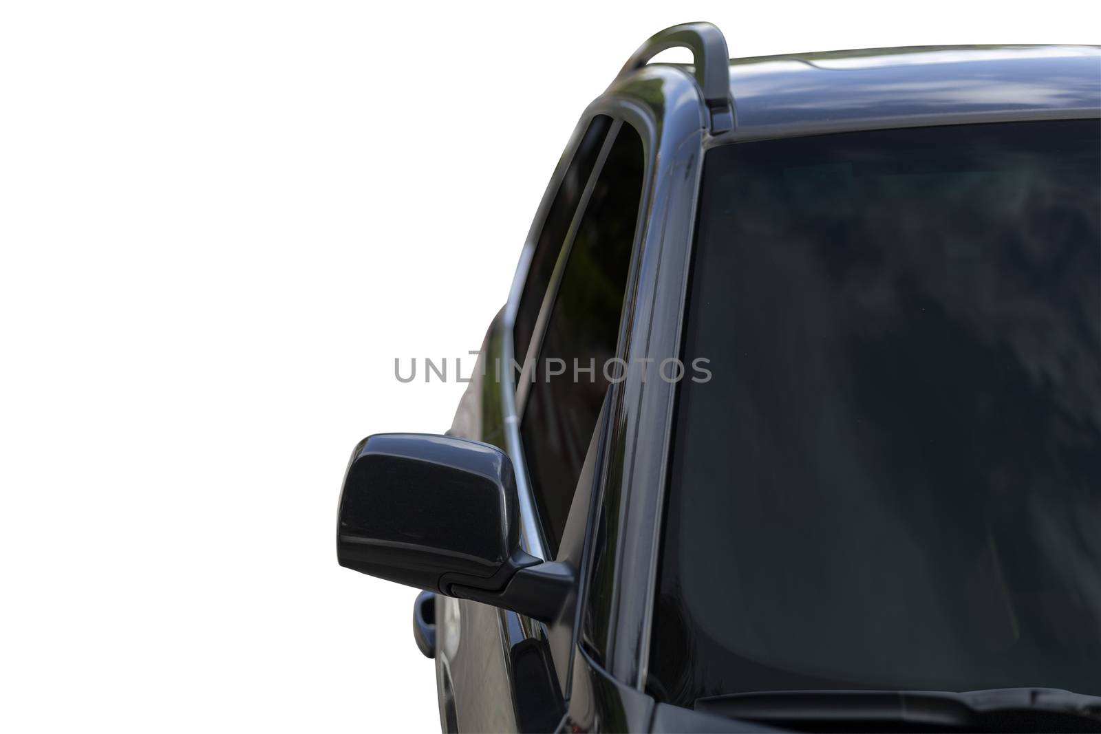 Front of Black color car with Windshield and back side wing mirror isolate on white bakcground. Save with cliping path.