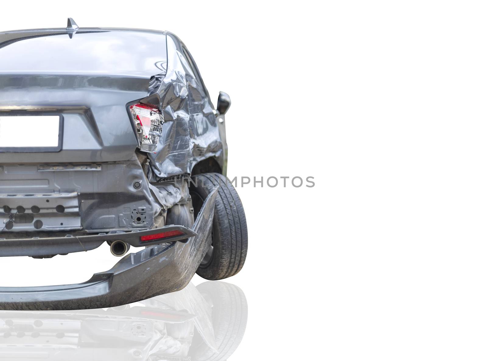 Back side of  gray color car damaged and broken by accident on road parking can not dirve any more. isolate on white background. Save with cliping path