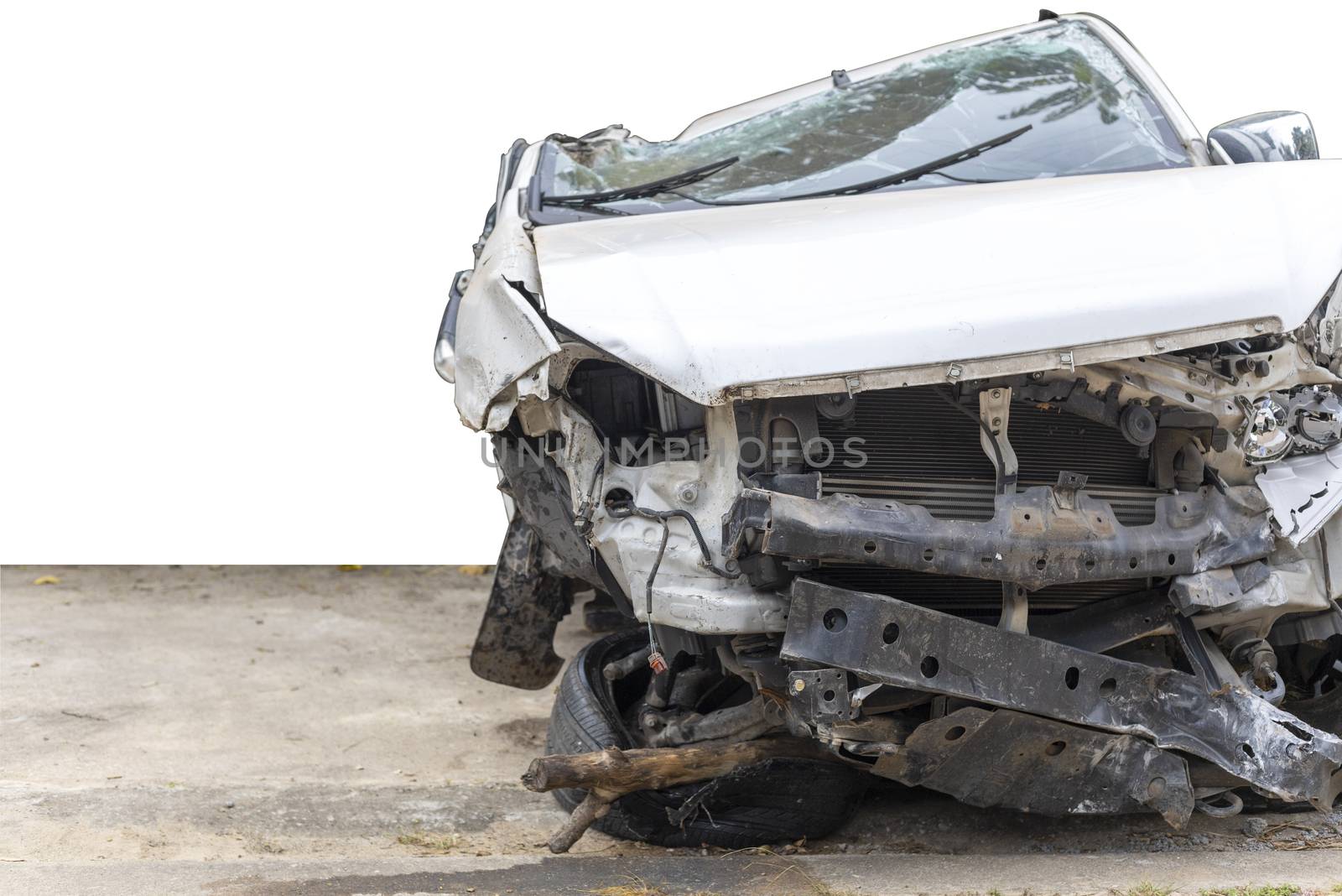 White color car damaged and broken by accident . Isolate on white background. Save with cliping path