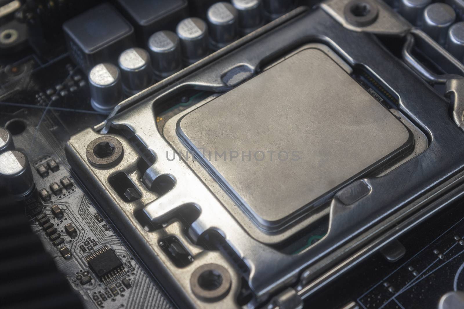 Close up cpu socket on motherboard Computer PC with cpu processor