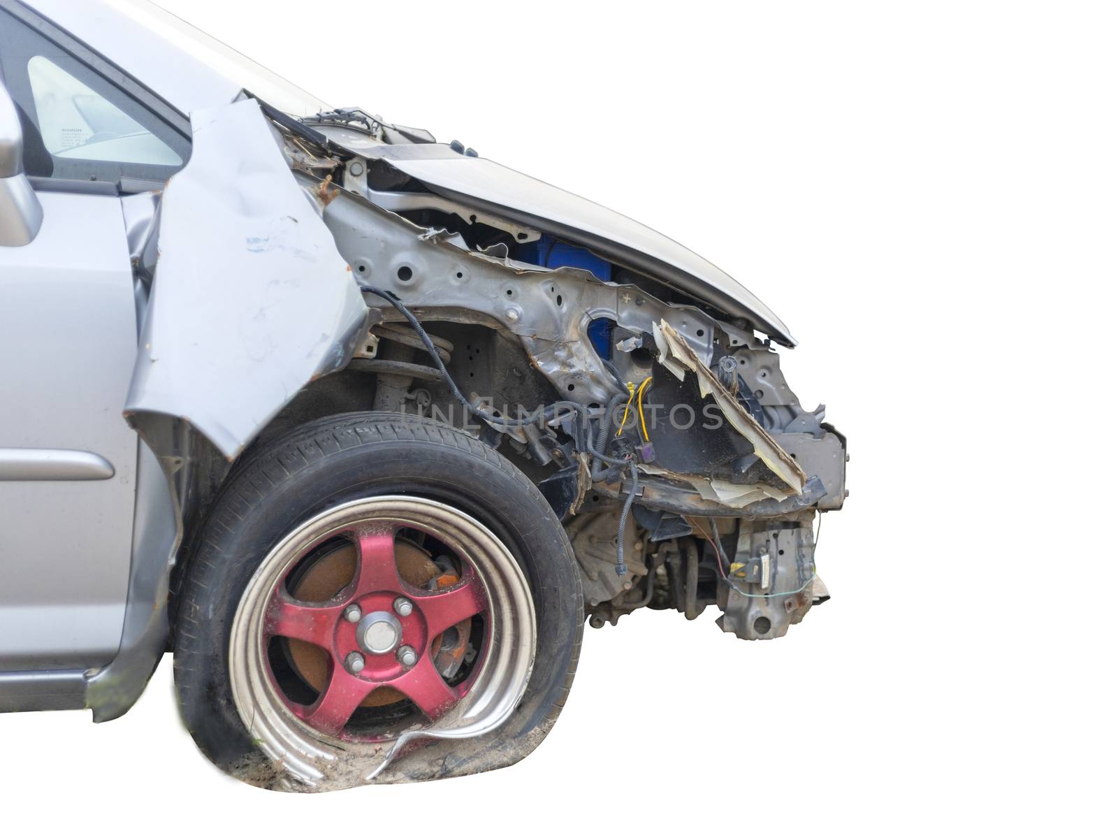Front of car damaged and broken by accident on road isolate on white background. Save with cliping path