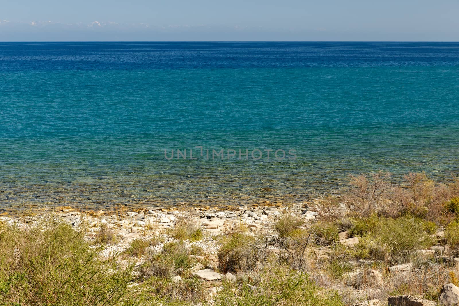 Lake Issyk-kul, the largest lake in Kyrgyzstan, beautiful landscape on the south shore of the lake