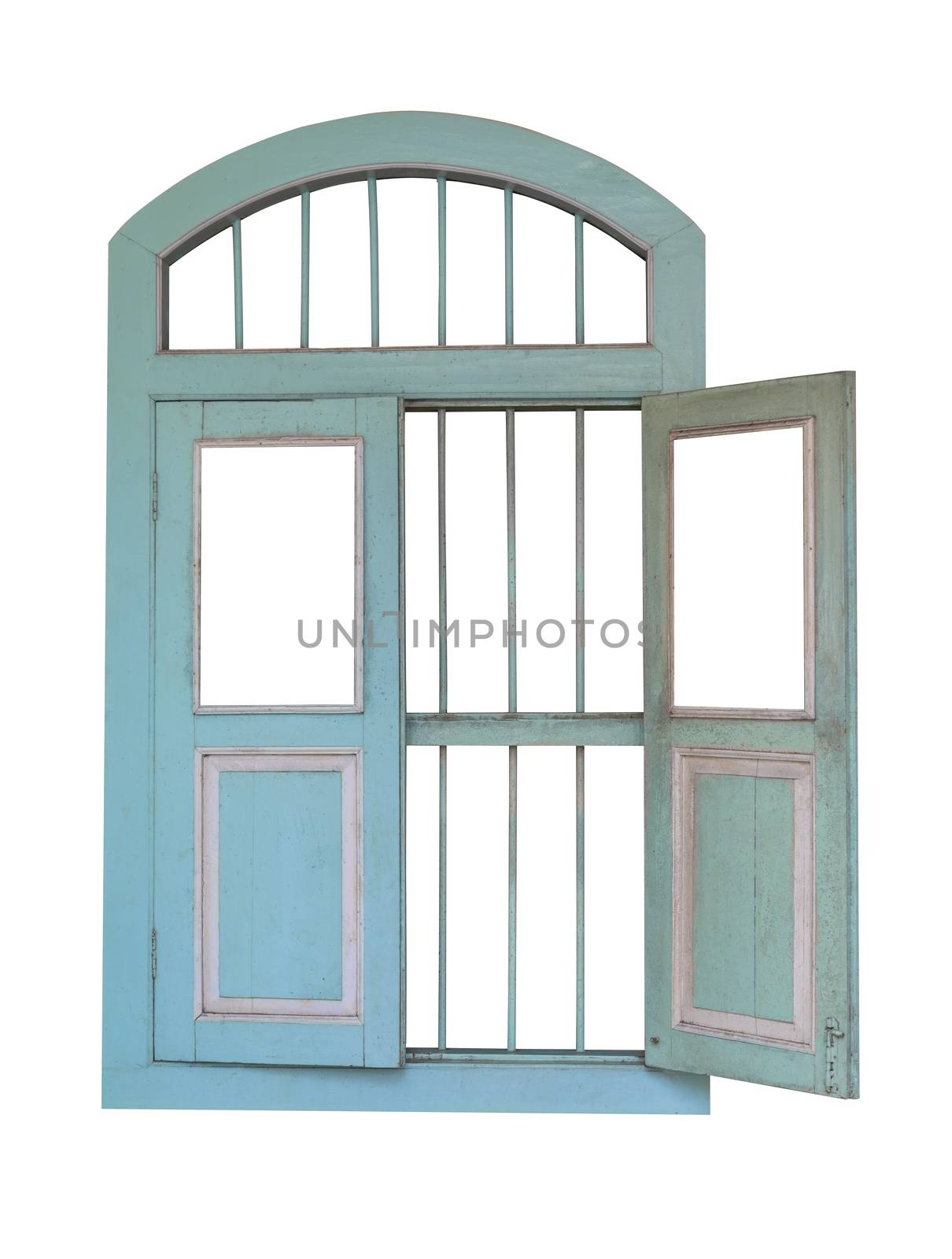 Light green color old wood windows. isolated on white background. Save with clipping path