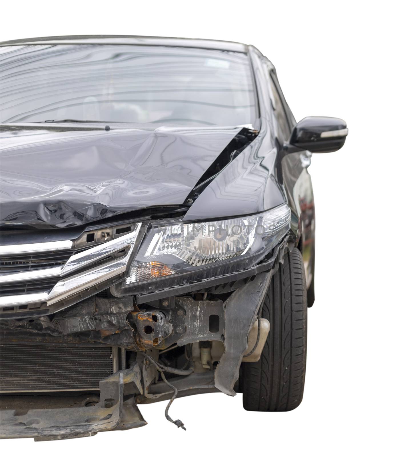 Front of black color car have big damaged and broken by accident on road can not drive any more park for wait insurance officer. Isolate on white background. Save with clipping path