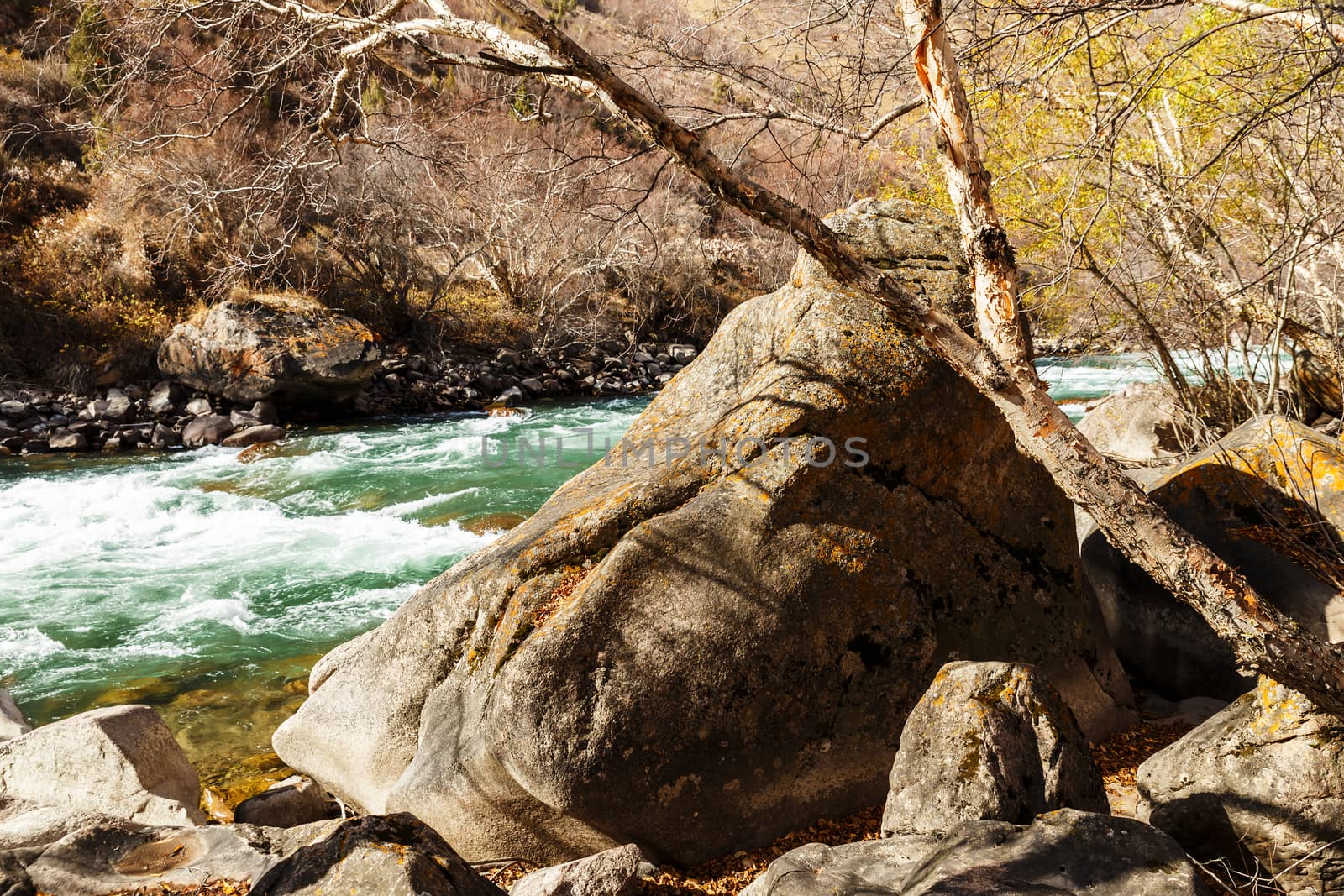 large boulders on the banks of a mountain river, Kokemeren river, Kyrgyzstan