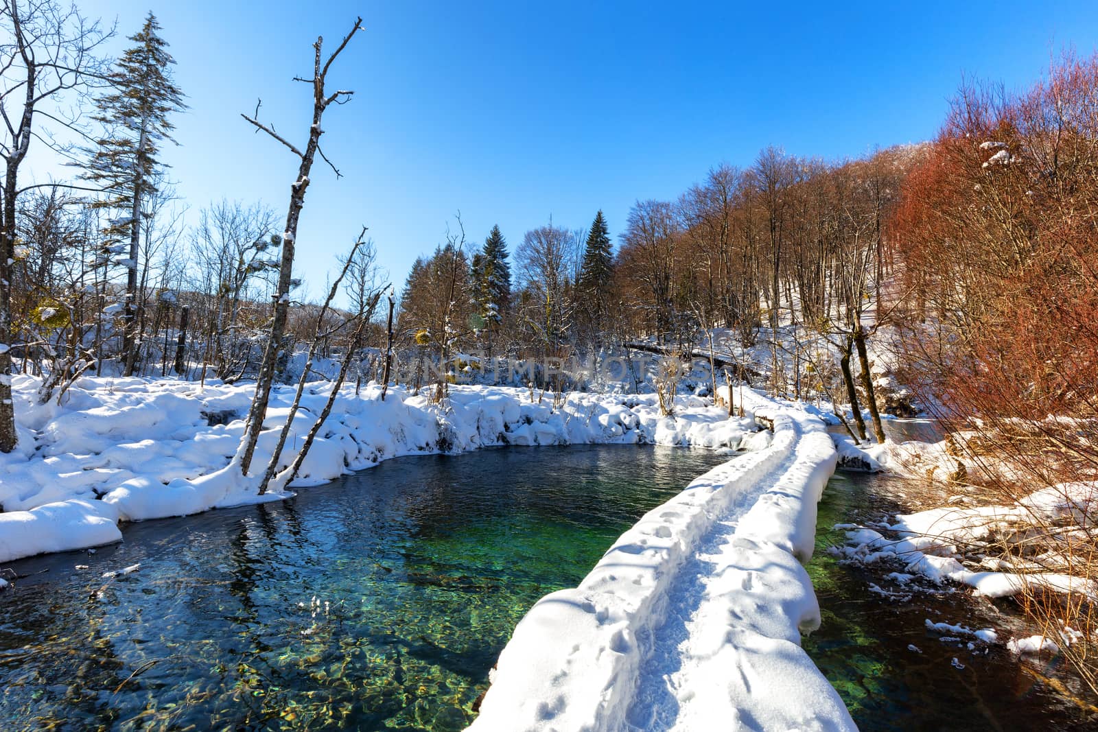 Path thru snow at plitvice lakes during winter, Croatia, Europe