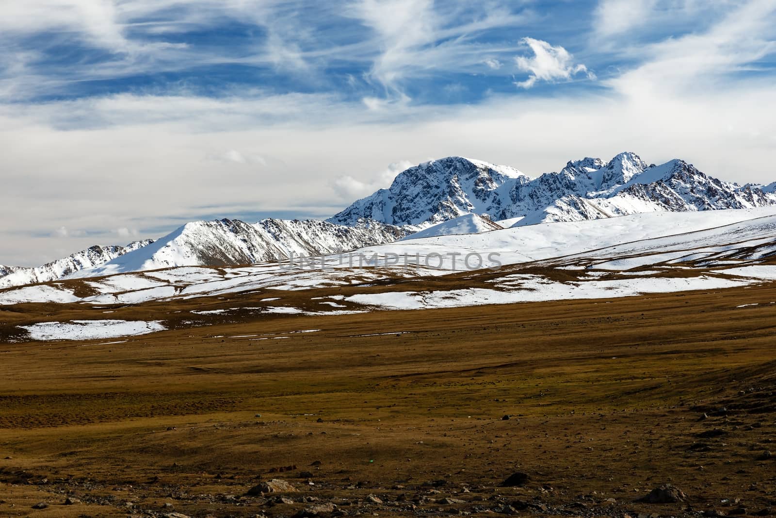 snowy mountain peaks on the Ala Bel pass, Bishkek Osh Highway by Mieszko9