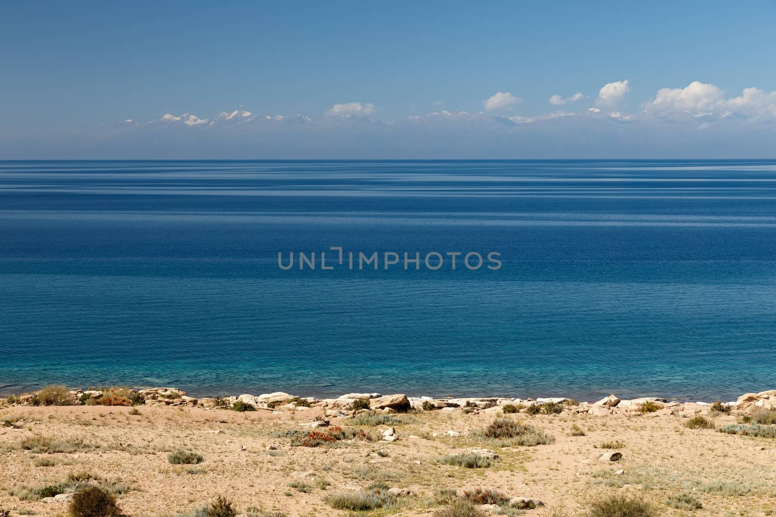 Lake Issyk-kul, the largest lake in Kyrgyzstan, mountain view on the north shore of the lake.