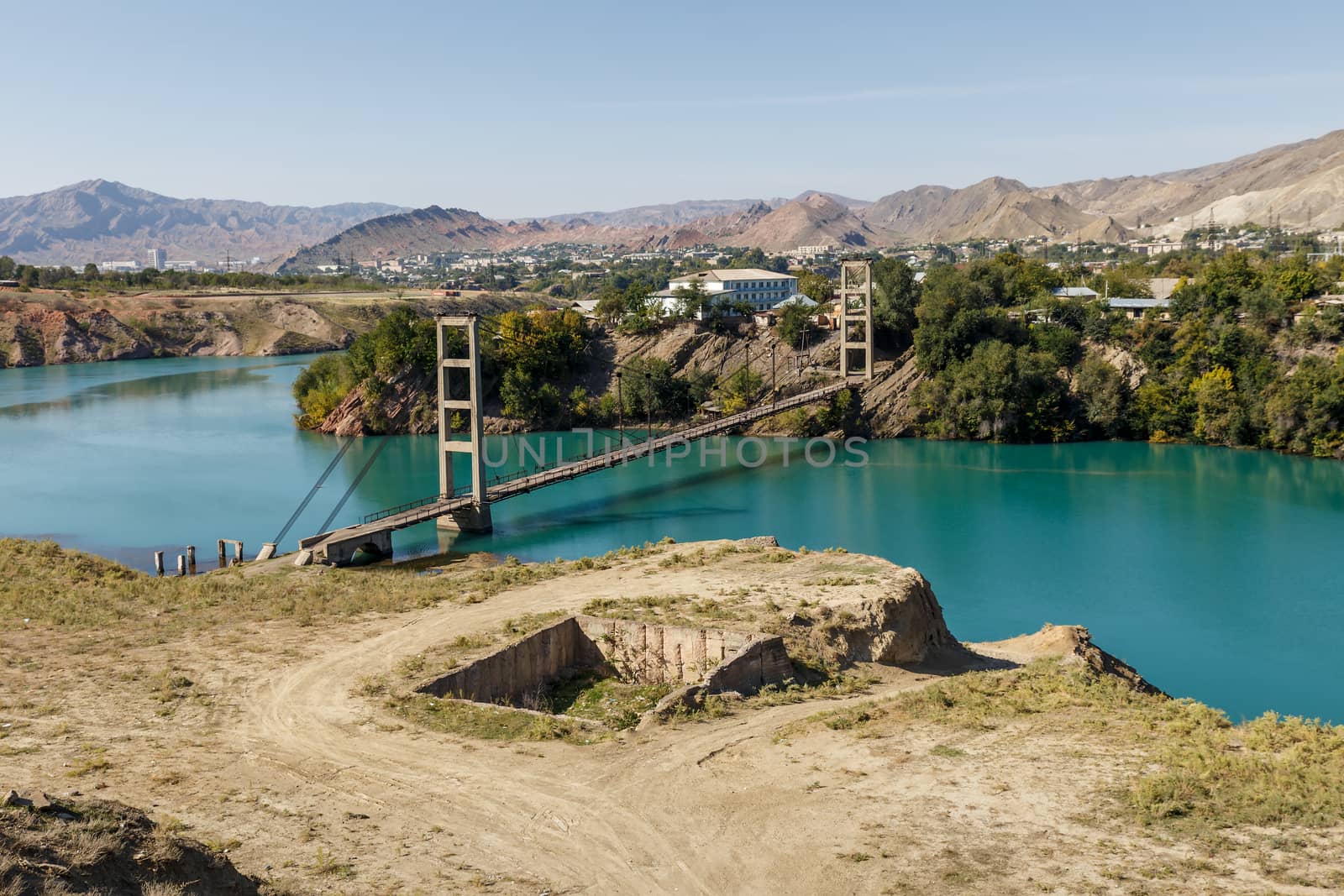 Cable-stayed bridge across the Naryn River in the city of Tash-Kumyr in Kyrgyzstan