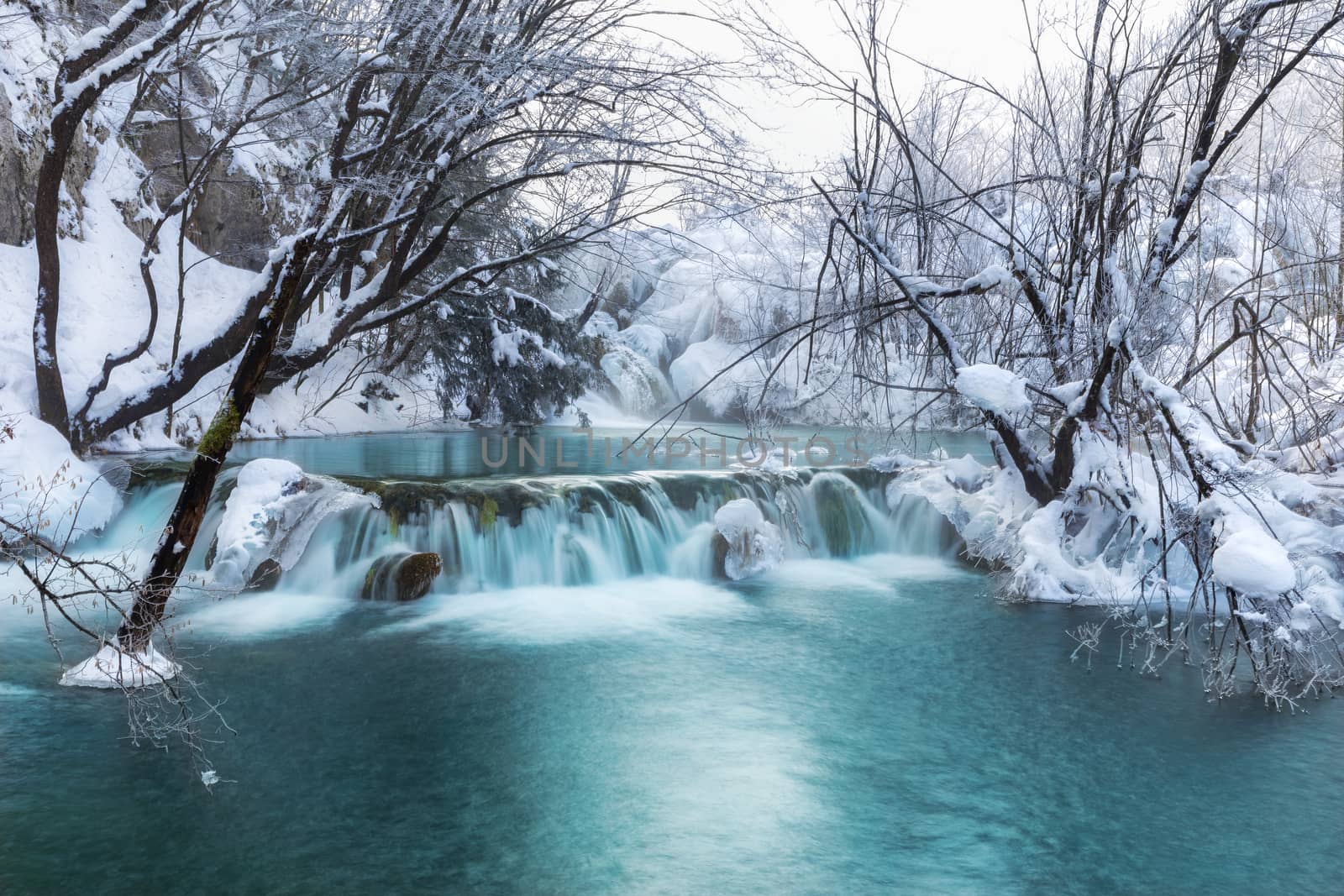 Waterfall at plitvice lakes during winter, Croatia, Europe