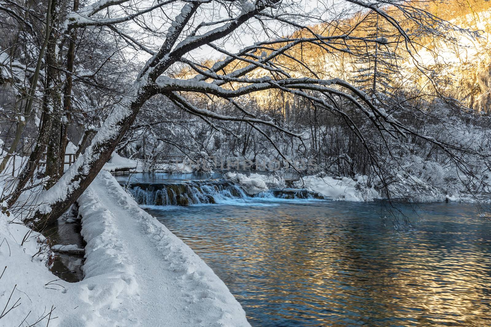 Plitvice lakes during winter with high level of snow
