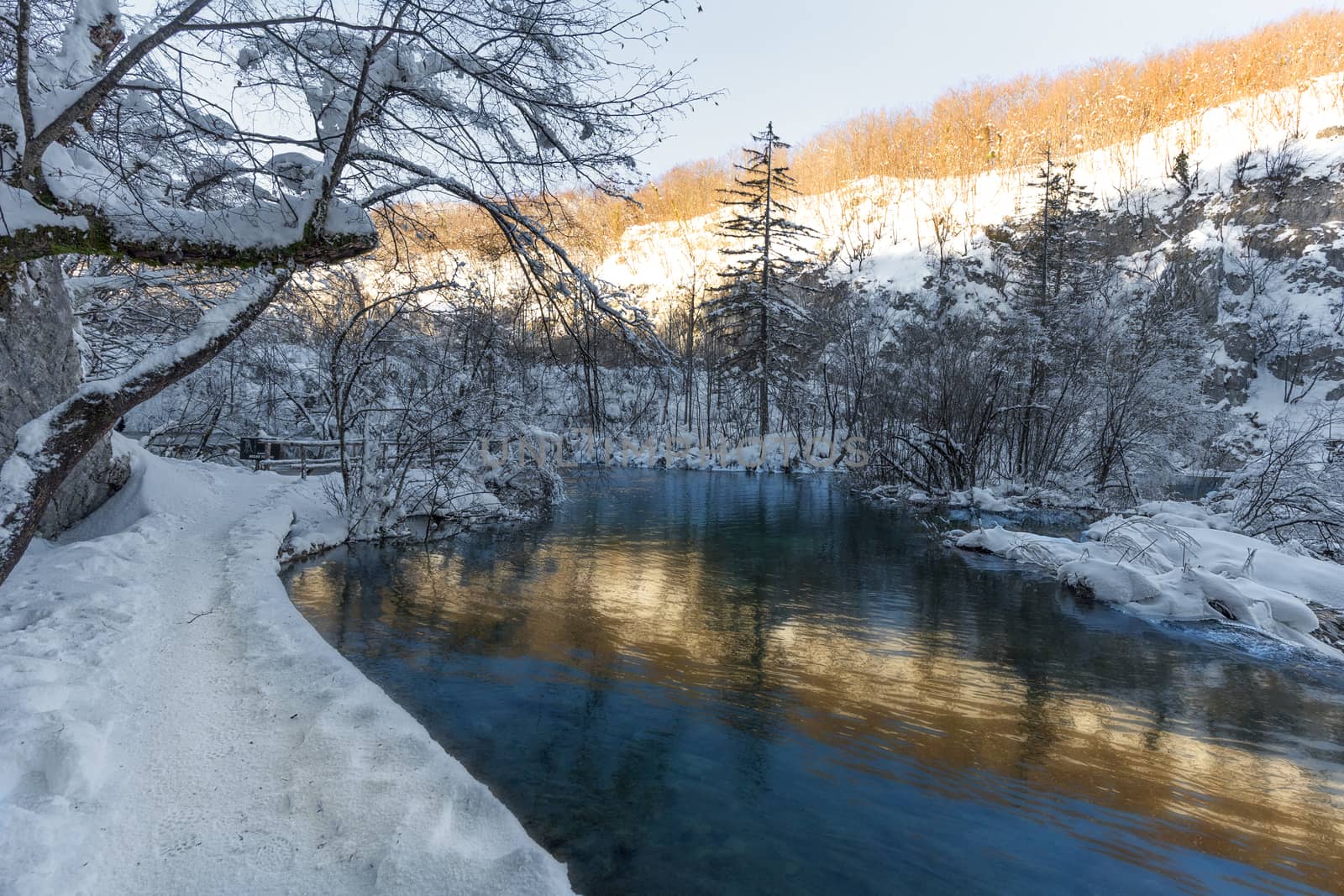 Plitvice lakes during winter with high level of snow