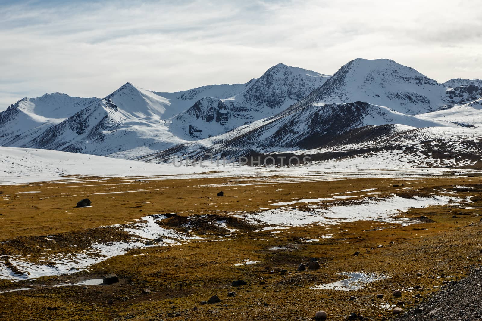 snowy mountain peaks on the Ala Bel pass, Bishke-Osh highway, M41, Kyrgyzstan
