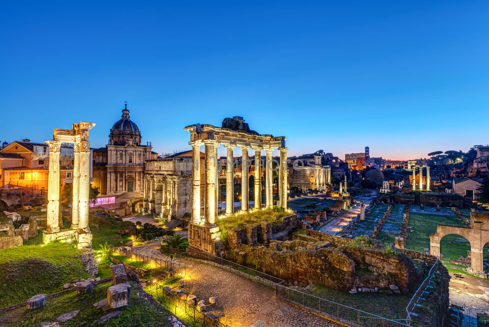 The ruins of the Roman Forum in Rome at dawn
