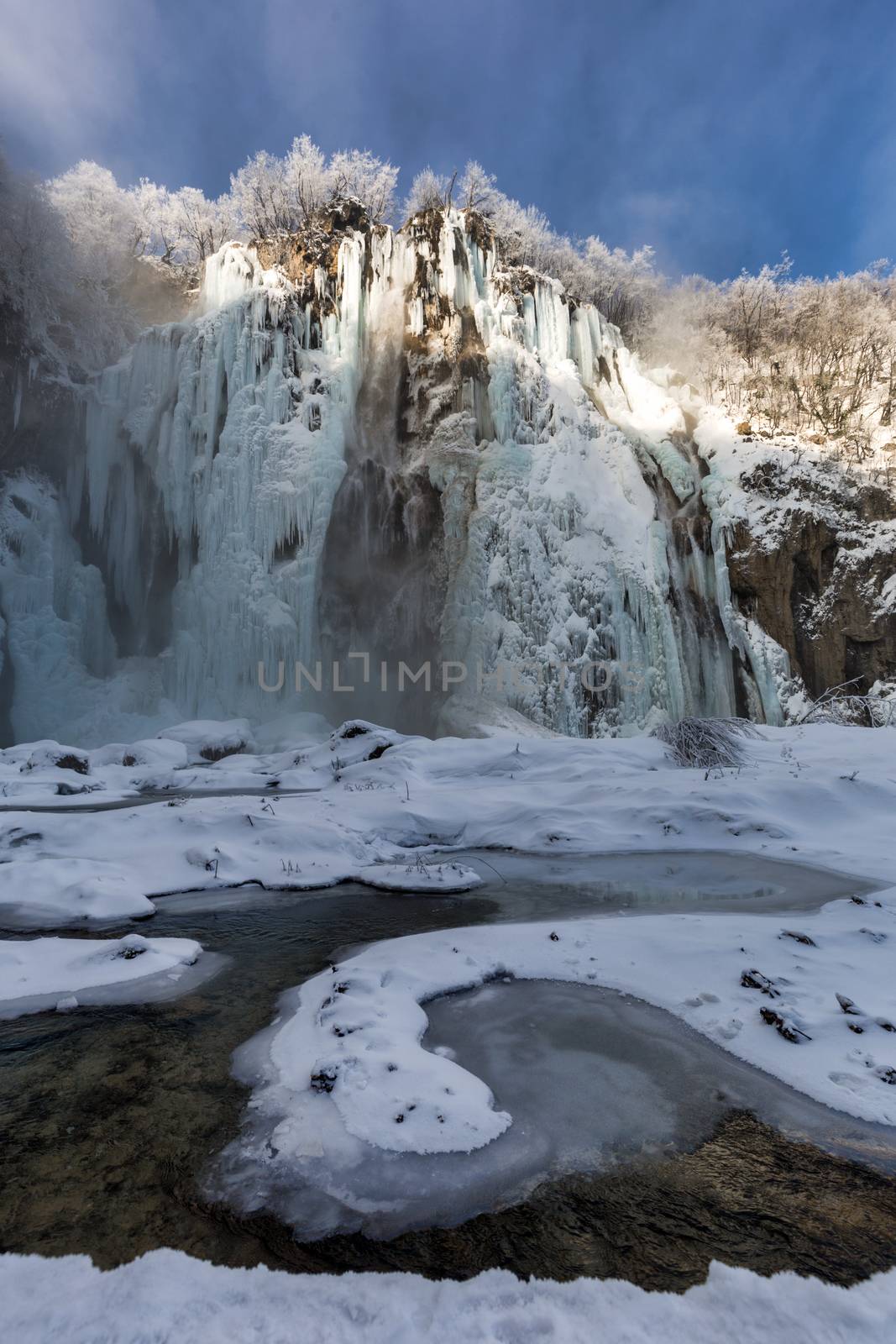 Frozen waterfall at Plitvice lakes during winter, Croatia, Europe