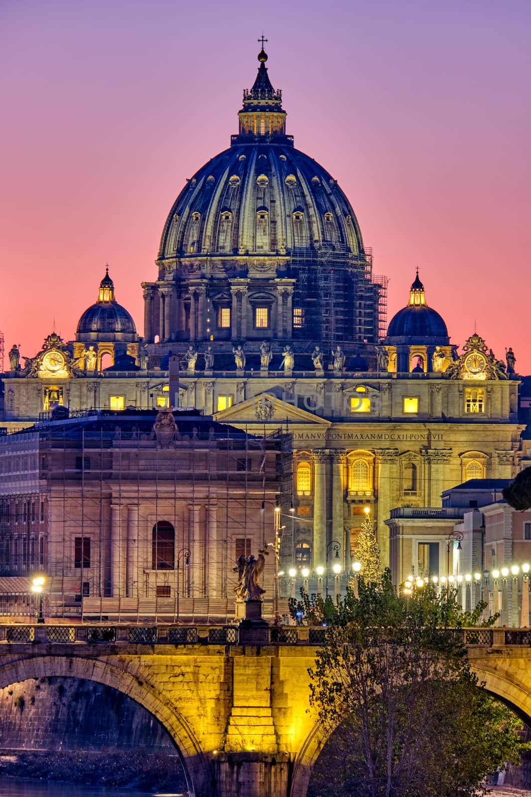 The St. Peters Basilica in the Vatican City, Italy, at sunset