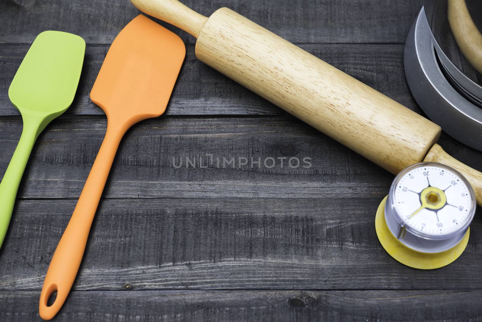 Bakery And Cooking Tools with kitchen timekeeping on wood table