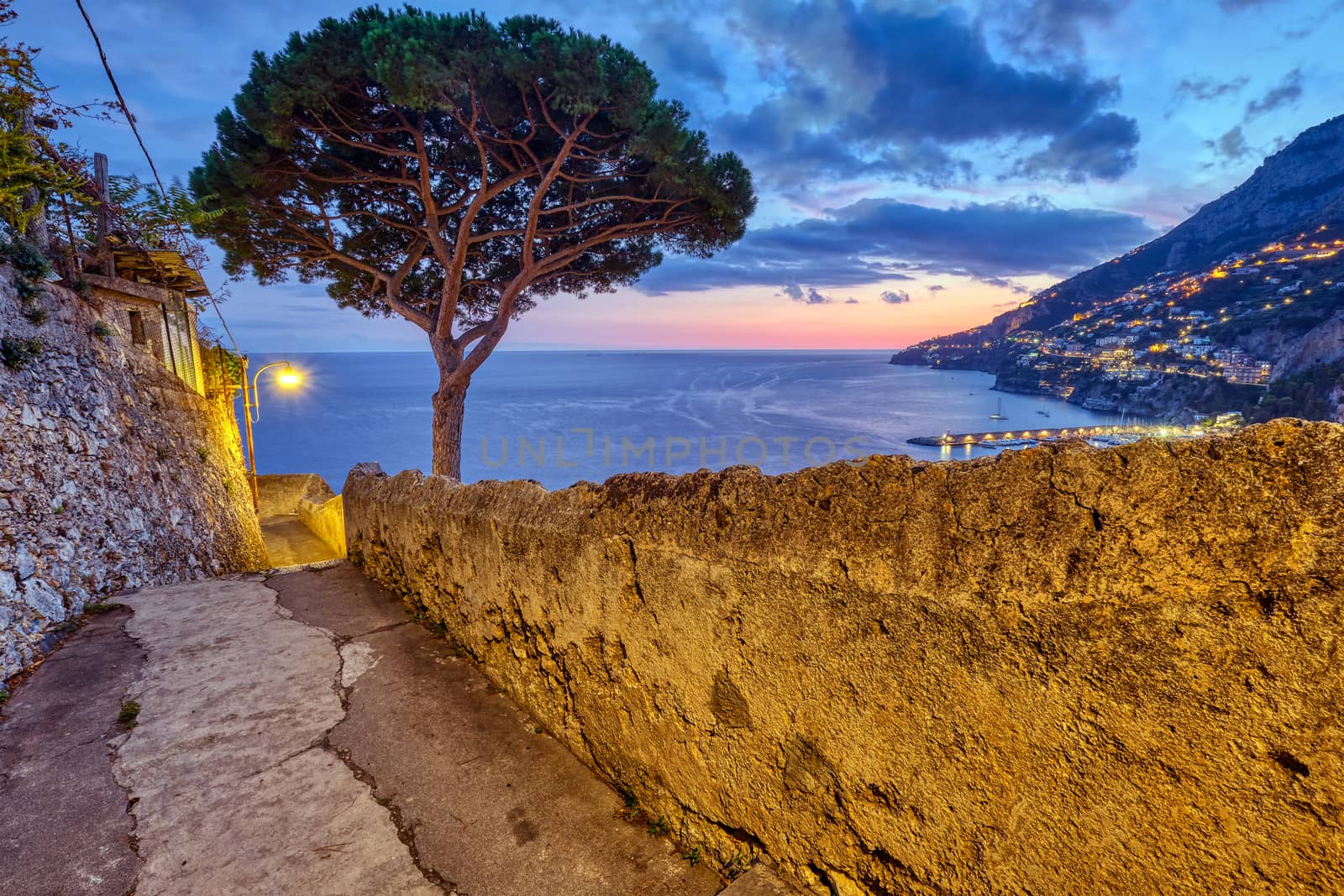 Small alleyway with a pine tree in Amalfi, Italy, at sunset