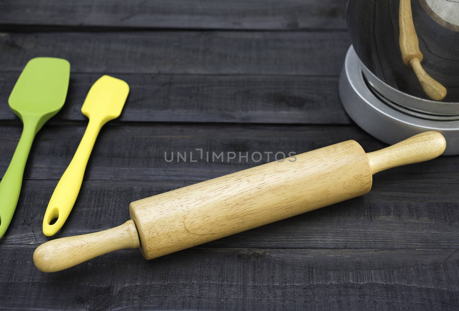 Bakery And Cooking Tools with kitchen timekeeping on wood table