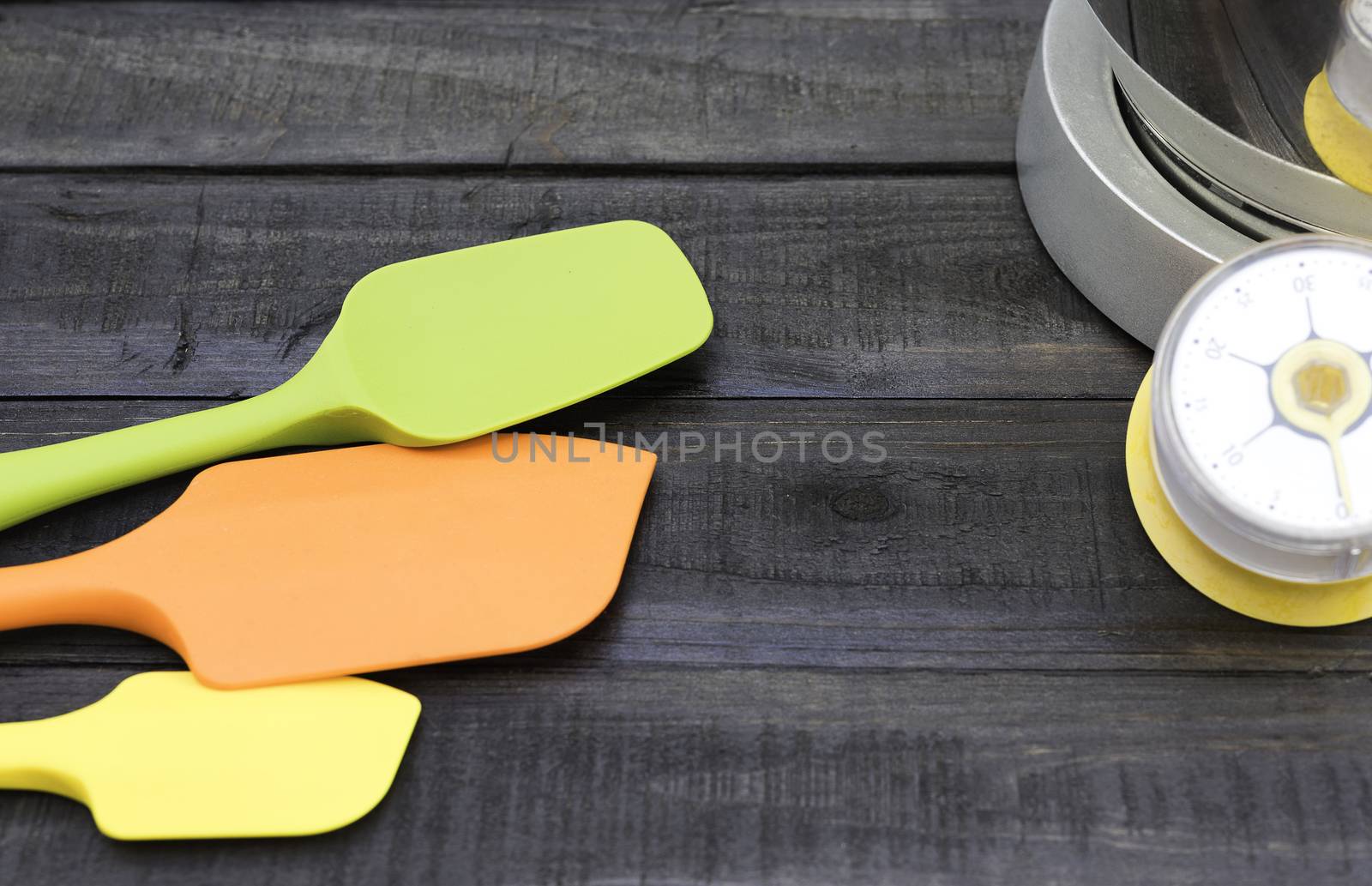 Bakery And Cooking Tools with kitchen timekeeping on wood table