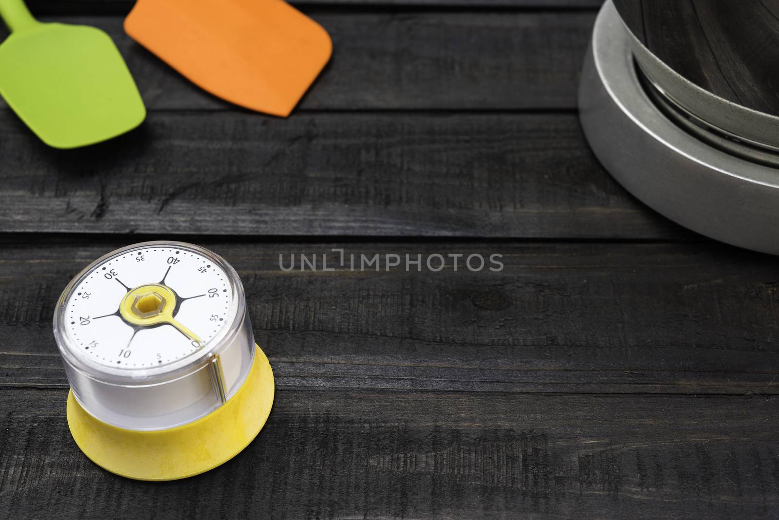 Bakery And Cooking Tools with kitchen timekeeping on wood table