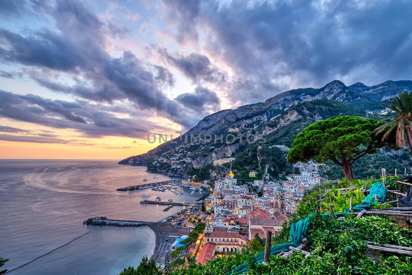 The beautiful coastal village of Amalfi in Italy at sunset