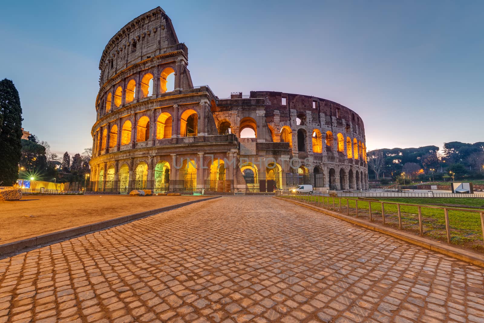 The imposing roman Colesseum in Rome before sunrise