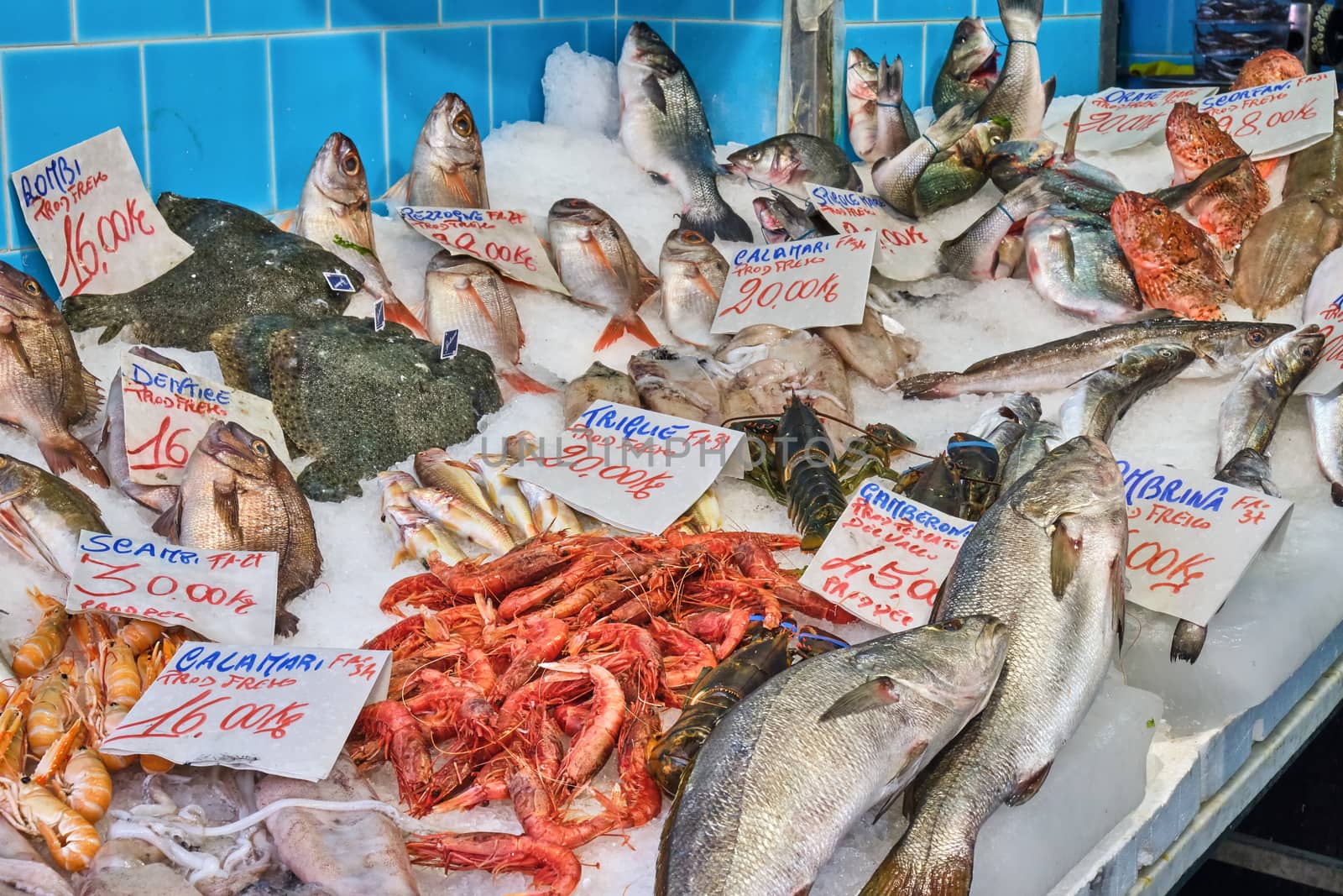 Nice choice of fresh fish and seafood seen at a market in Naples, Italy