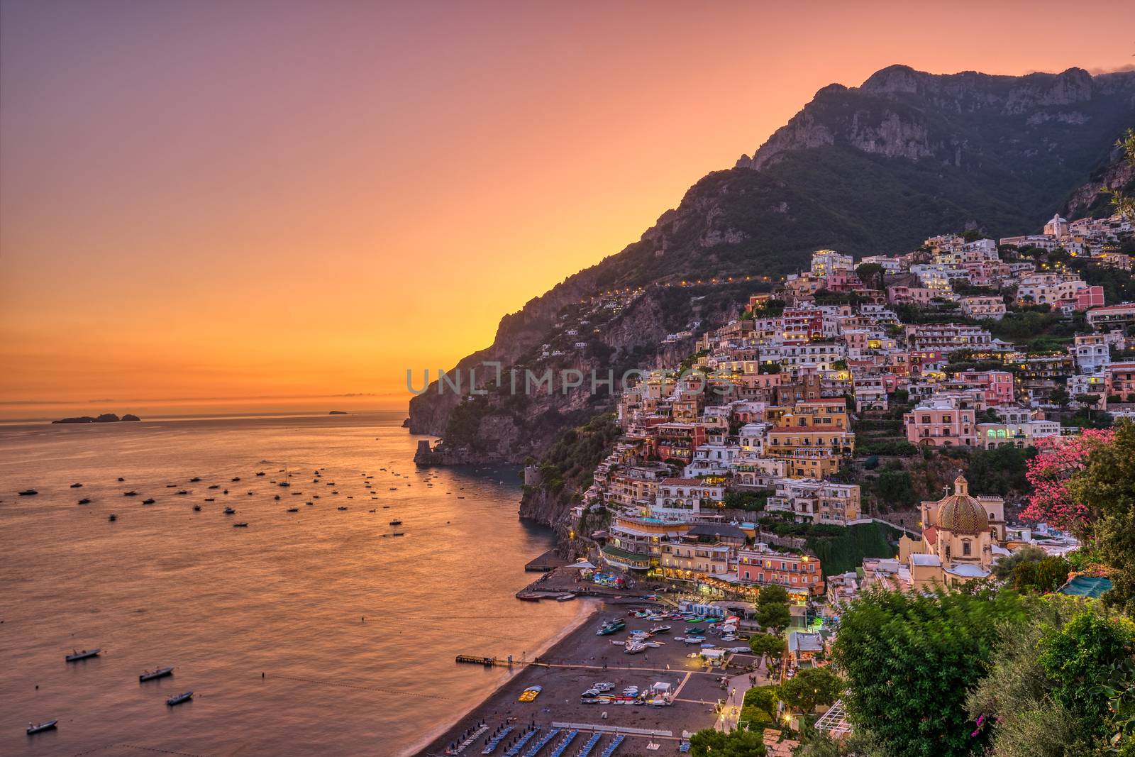 The famous village of Positano on the italian Amalfi coast after sunset