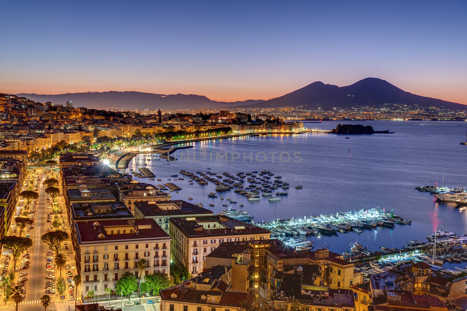 Naples and Mount Vesuvius in Italy before sunrise
