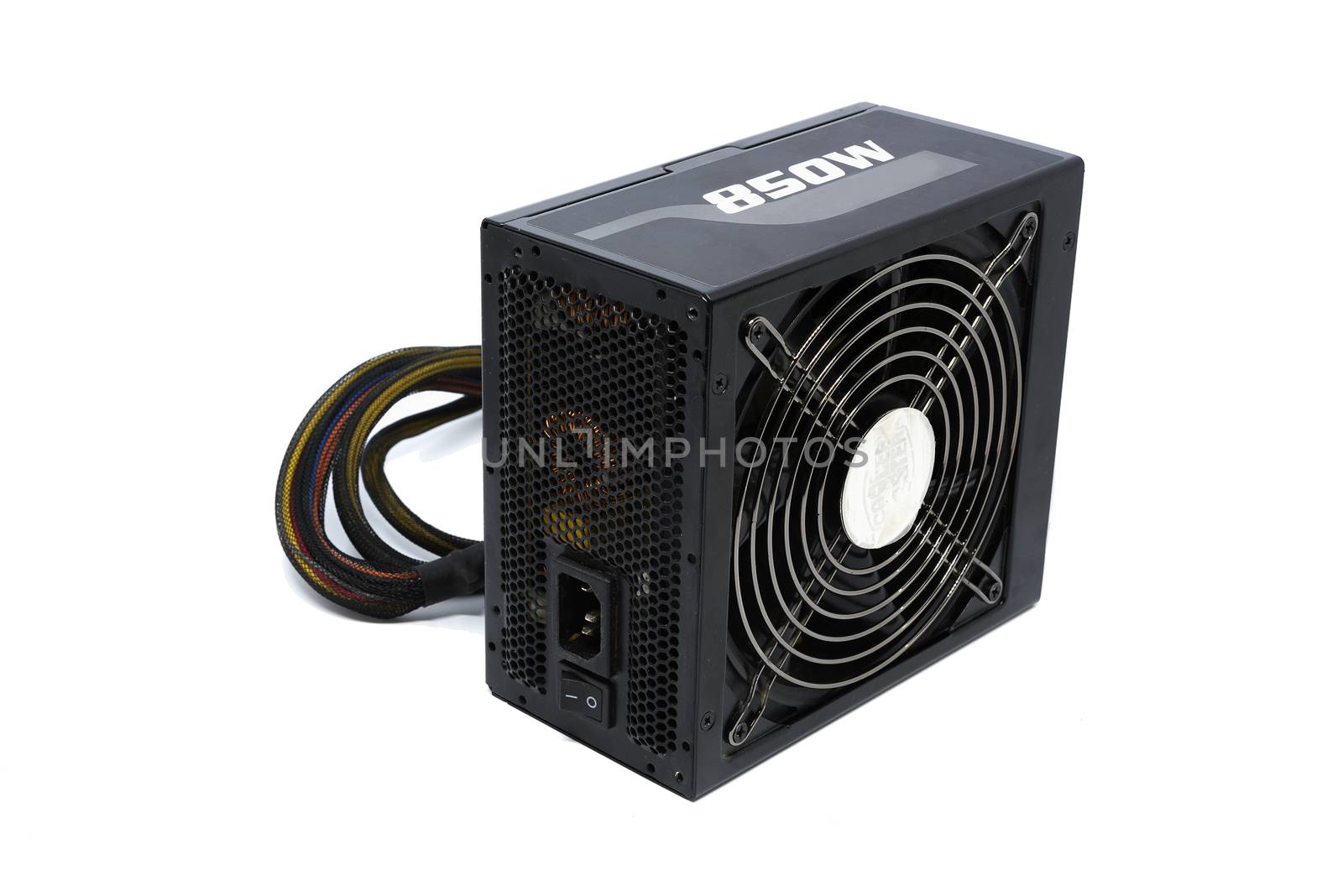 850W Power supply unit with cable and switch I O, black color for full ATX Tower case PC have big fan for cool ioslated on white background