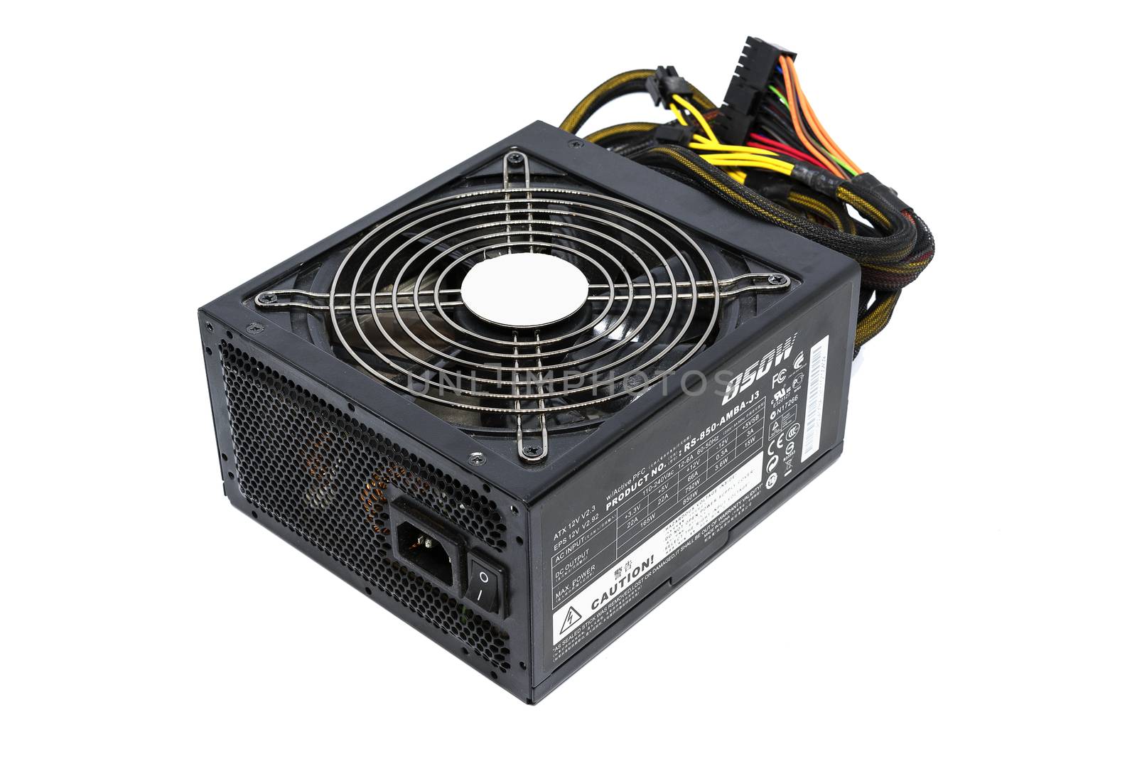 850W Power supply unit with cable and switch I O, black color for full ATX Tower case PC have big fan for cool ioslated on white background