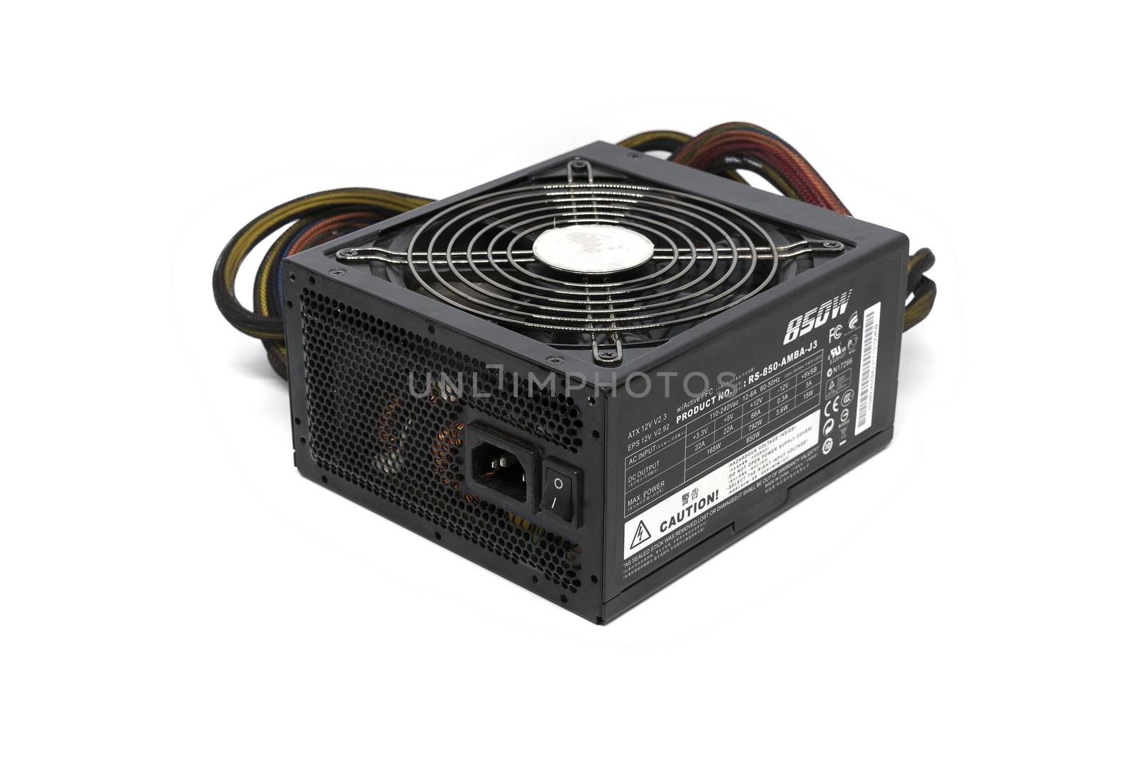 850W Power supply unit with cable and switch I O, black color for full ATX Tower case PC have big fan for cool ioslated on white background
