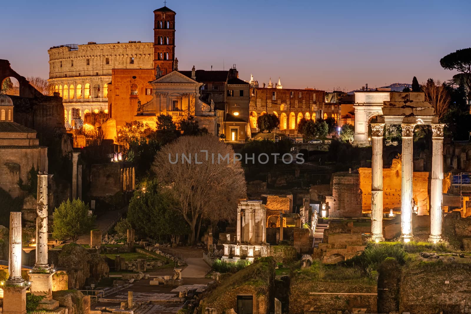 View over the ruins of the Roman Forum to the famous Colosseum in Rome at dawn