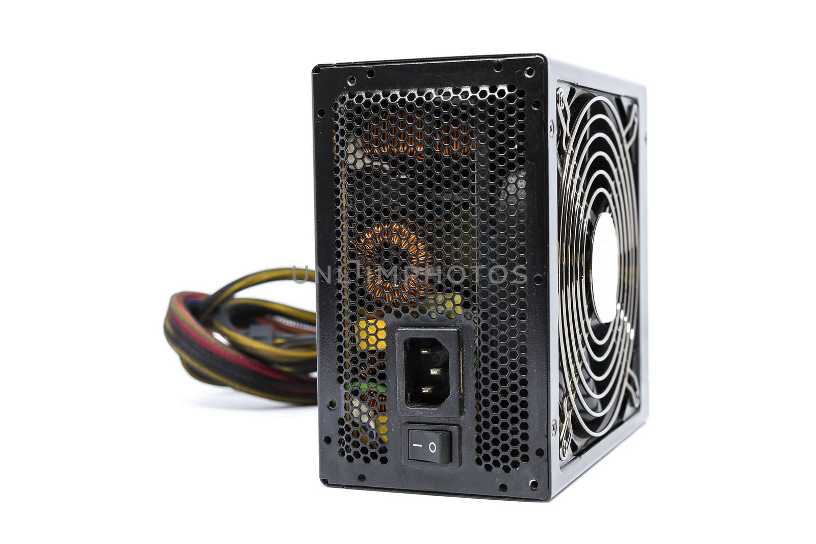 850W Power supply unit with cable and switch I O, black color for full ATX Tower case PC have big fan for cool ioslated on white background
