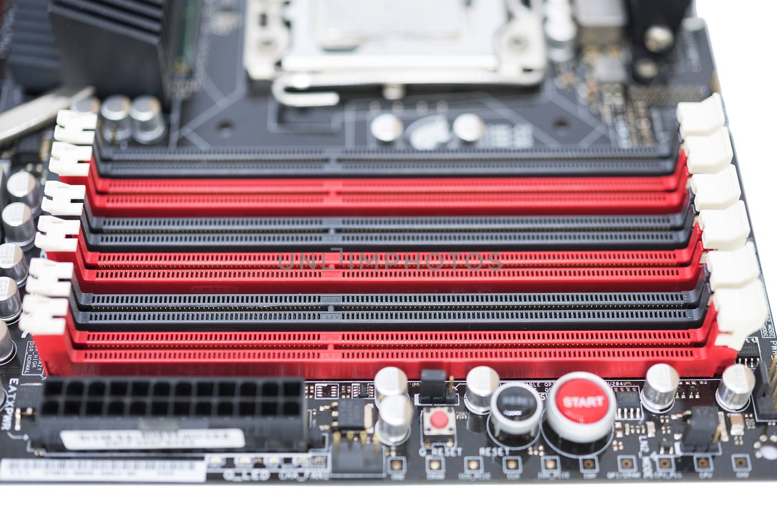 Memory slots on motherboard with CPU and chipset 
