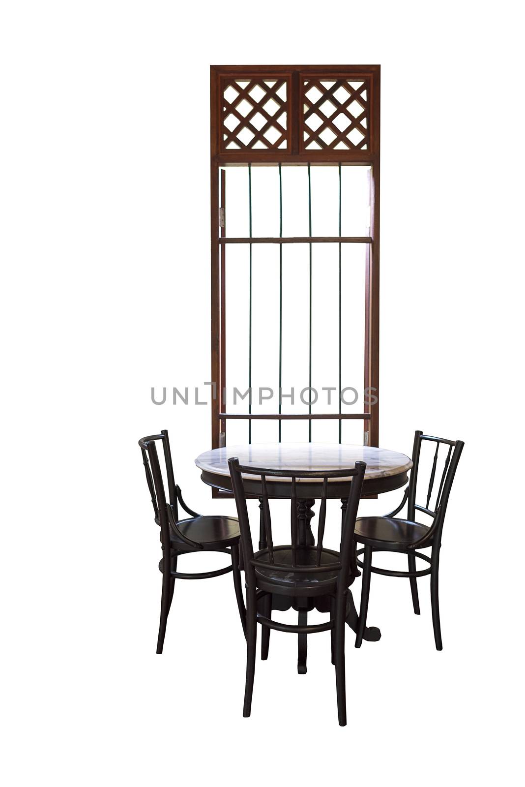 Wooden round table and chair chiness style near window isolated on white background