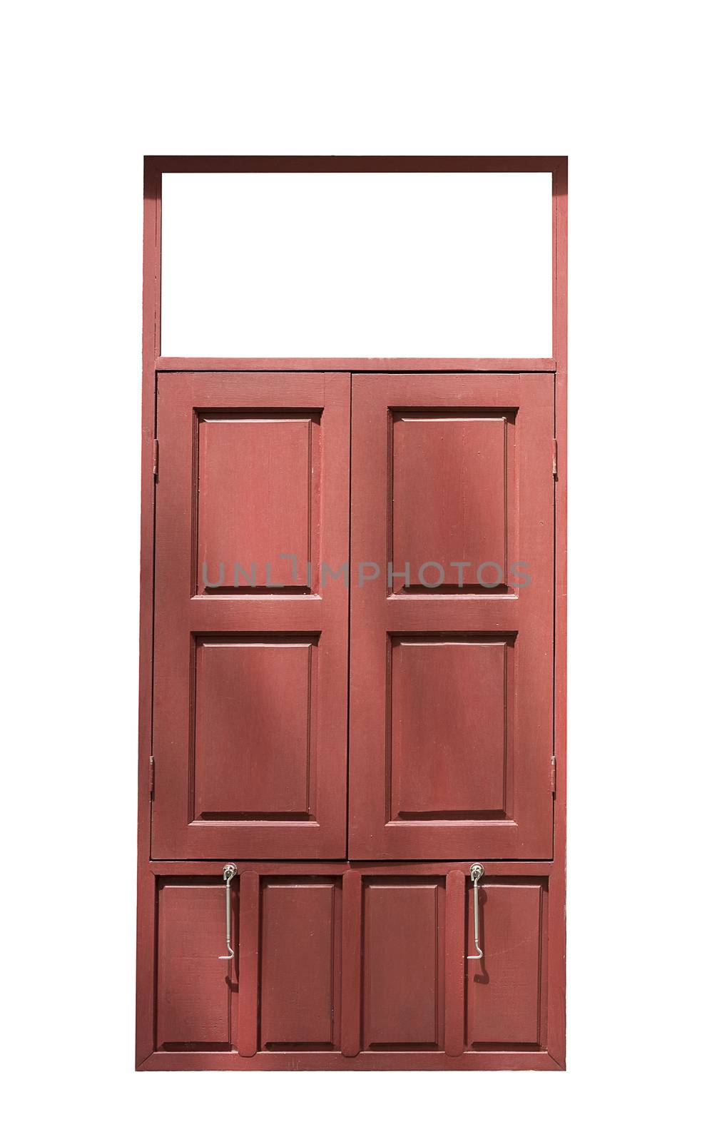 Old red wood twin window close isolated on white background