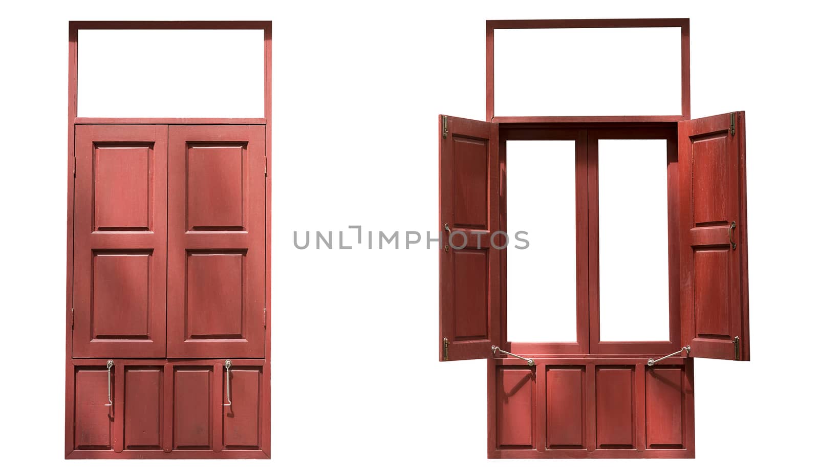 Two red wood twin windows one open one close isolated on white background with clipping path
