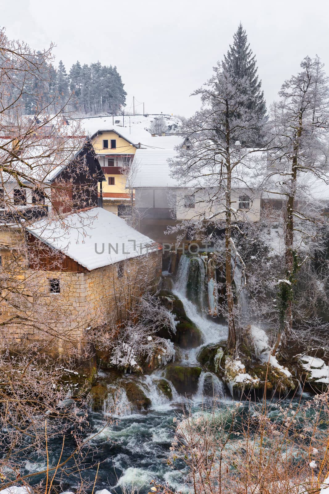 Beautiful and magic waterfalls during winter at Slunj, Croatia, Europe
